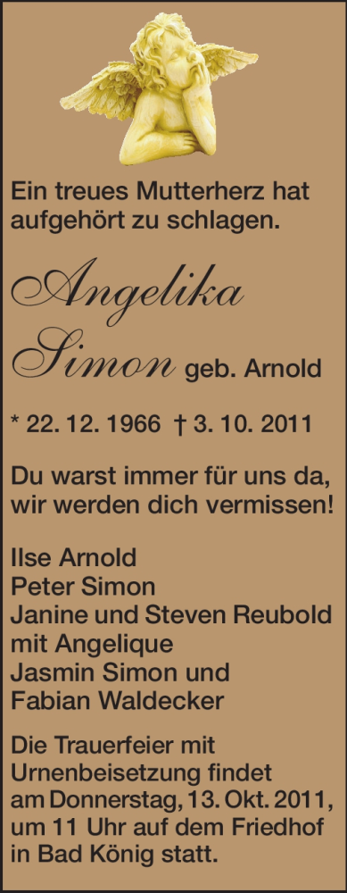  Traueranzeige für Angelika Simon vom 11.10.2011 aus Odenwälder Echo