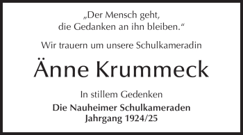Traueranzeige von Änne Krummeck von Rüsselsheimer Echo, Groß-Gerauer-Echo, Ried Echo