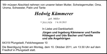 Traueranzeige von Hedwig Kämmerer von Echo-Zeitungen (Gesamtausgabe)