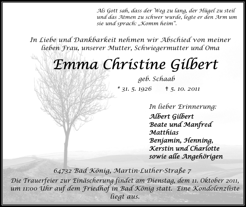  Traueranzeige für Emma Christine Gilbert vom 08.10.2011 aus Echo-Zeitungen (Gesamtausgabe)