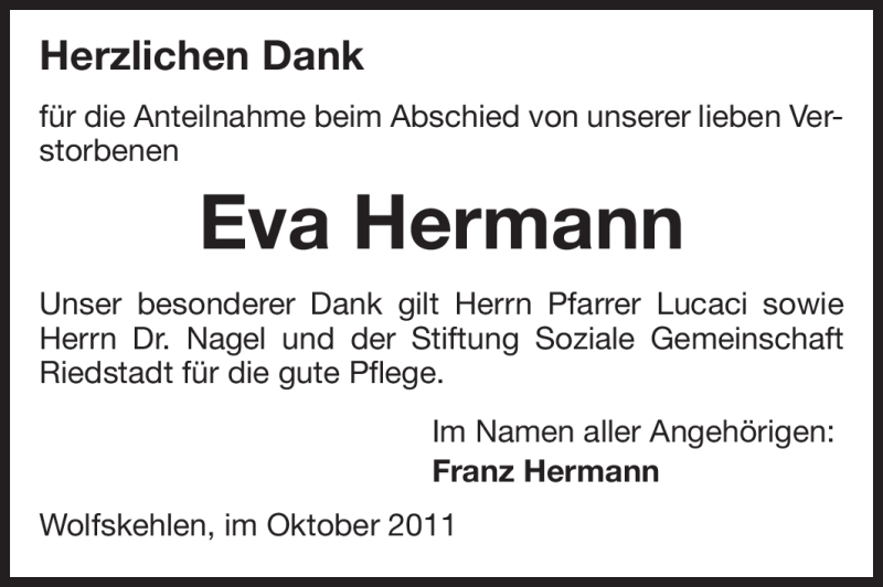  Traueranzeige für Eva Hermann vom 11.10.2011 aus Rüsselsheimer Echo, Groß-Gerauer-Echo, Ried Echo