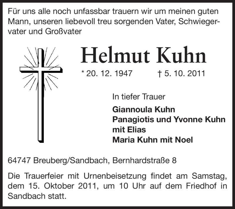  Traueranzeige für Helmut Kuhn vom 13.10.2011 aus Odenwälder Echo