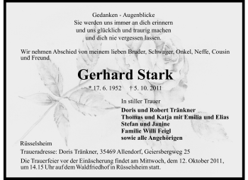 Traueranzeige von Gerhard Stark von Darmstädter Echo, Odenwälder Echo, Rüsselsheimer Echo, Groß-Gerauer-Echo, Ried Echo