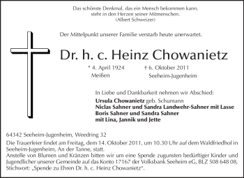 Traueranzeige von Heinz Chowanietz von Echo-Zeitungen (Gesamtausgabe)