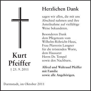 Traueranzeige von Kurt Pfeiffer von Darmstädter Echo, Odenwälder Echo, Rüsselsheimer Echo, Groß-Gerauer-Echo, Ried Echo