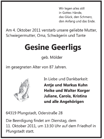Traueranzeige von Gesine Geerligs von Echo-Zeitungen (Gesamtausgabe)