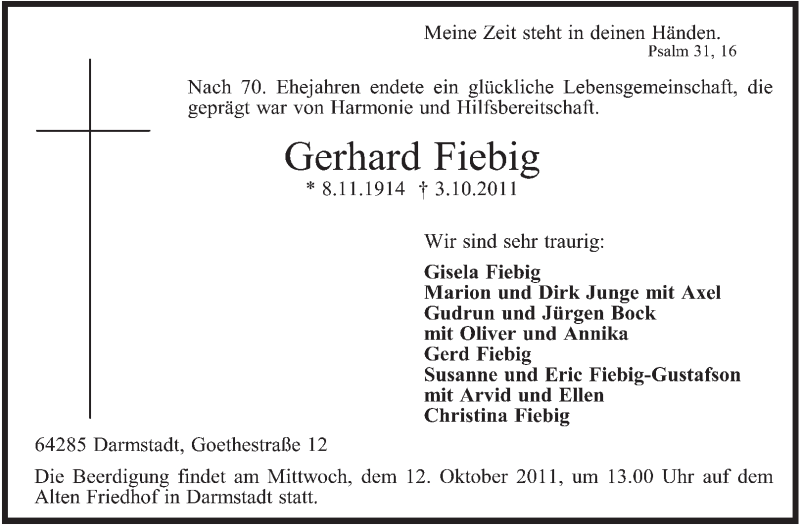  Traueranzeige für Gerhard Fiebig vom 10.10.2011 aus Echo-Zeitungen (Gesamtausgabe)
