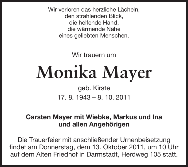  Traueranzeige für Monika Mayer vom 10.10.2011 aus Echo-Zeitungen (Gesamtausgabe)