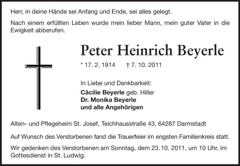  Traueranzeige für Peter Heinrich Beyerle vom 15.10.2011 aus Darmstädter Echo, Odenwälder Echo, Rüsselsheimer Echo, Groß-Gerauer-Echo, Ried Echo