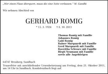 Traueranzeige von Gerhard Romig von Odenwälder Echo