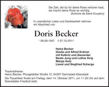 Traueranzeige von Doris Becker von Echo-Zeitungen (Gesamtausgabe)