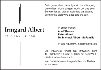 Traueranzeige von Irmgard Albert von Rüsselsheimer Echo, Groß-Gerauer-Echo, Ried Echo