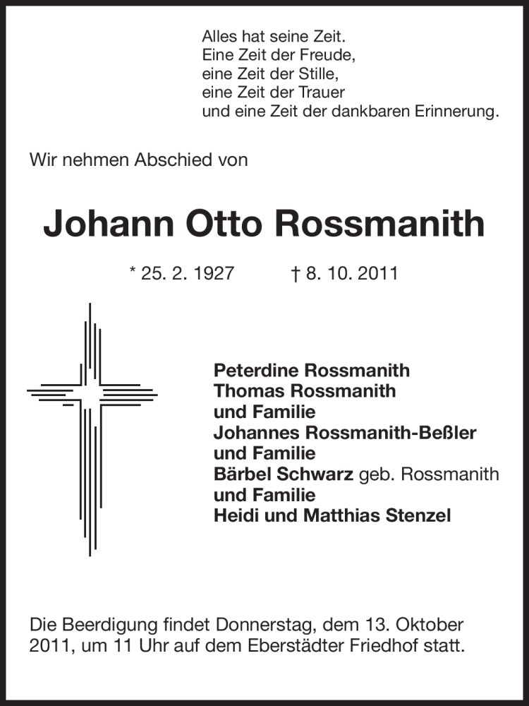  Traueranzeige für Johann Otto Rossmanith vom 11.10.2011 aus Echo-Zeitungen (Gesamtausgabe)