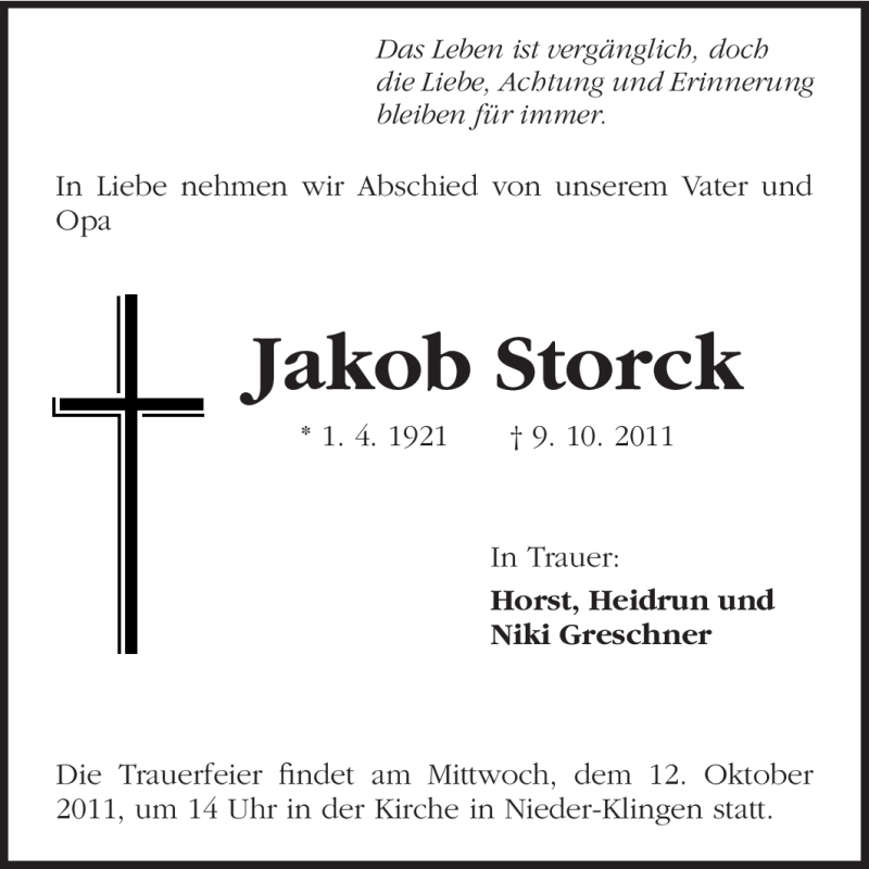  Traueranzeige für Jakob Stork vom 11.10.2011 aus Echo-Zeitungen (Gesamtausgabe)