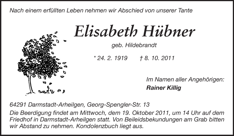  Traueranzeige für Elisabeth Hübner vom 12.10.2011 aus Echo-Zeitungen (Gesamtausgabe)