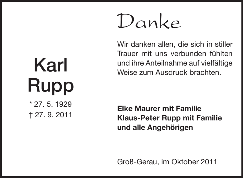  Traueranzeige für Karl Rupp vom 12.10.2011 aus Rüsselsheimer Echo, Groß-Gerauer-Echo, Ried Echo