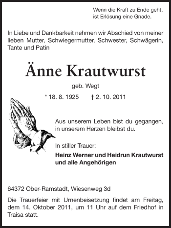 Traueranzeige von Änne Krautwurst von Echo-Zeitungen (Gesamtausgabe)