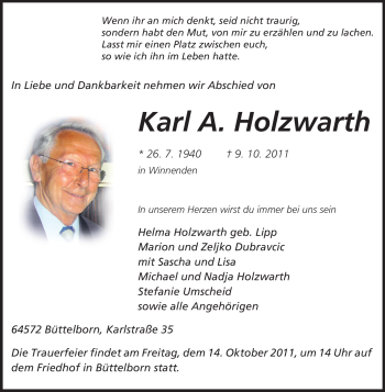Traueranzeige von Karl A. Holzwarth von Rüsselsheimer Echo, Groß-Gerauer-Echo, Ried Echo