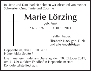 Traueranzeige von Marie Lörzing von Starkenburger Echo