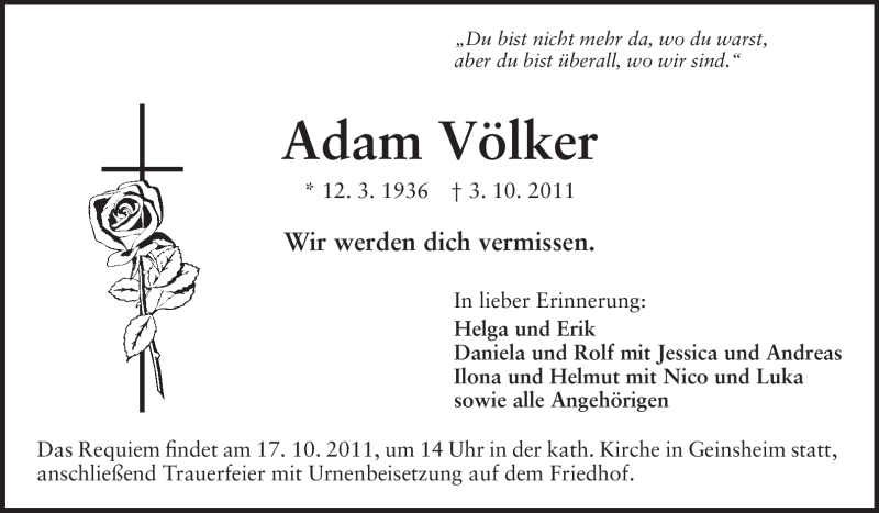  Traueranzeige für Adam Völker vom 14.10.2011 aus Rüsselsheimer Echo, Groß-Gerauer-Echo, Ried Echo