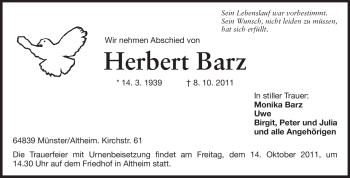 Traueranzeige von Herbert Barz von Darmstädter Echo, Odenwälder Echo, Rüsselsheimer Echo, Groß-Gerauer-Echo, Ried Echo