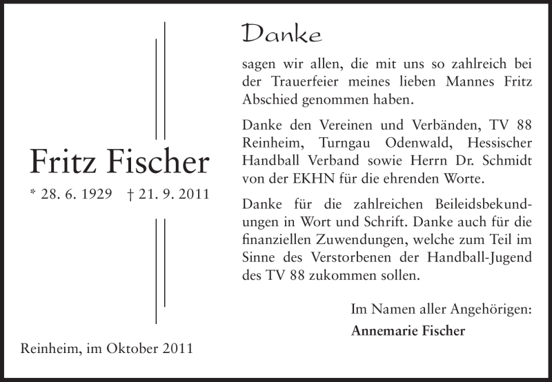  Traueranzeige für Friedrich (Fritz) Fischer vom 15.10.2011 aus Echo-Zeitungen (Gesamtausgabe)