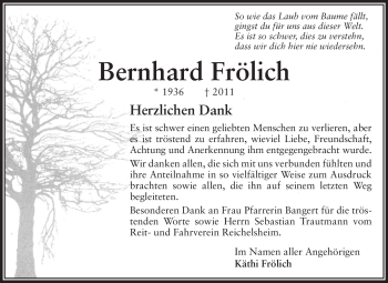 Traueranzeige von Bernhard Frölich von Echo-Zeitungen (Gesamtausgabe)