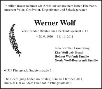 Traueranzeige von Werner Wolf von Echo-Zeitungen (Gesamtausgabe)