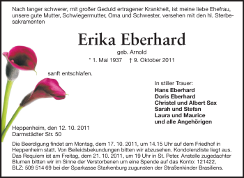 Traueranzeige von Erika Eberhard von Starkenburger Echo