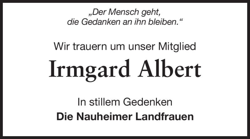  Traueranzeige für Irmgard Albert vom 12.10.2011 aus Rüsselsheimer Echo, Groß-Gerauer-Echo, Ried Echo