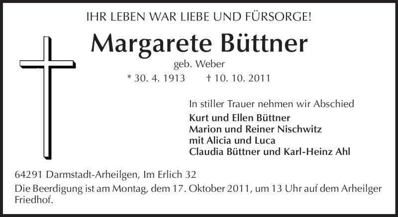  Traueranzeige für Margarete Büttner vom 12.10.2011 aus Echo-Zeitungen (Gesamtausgabe)