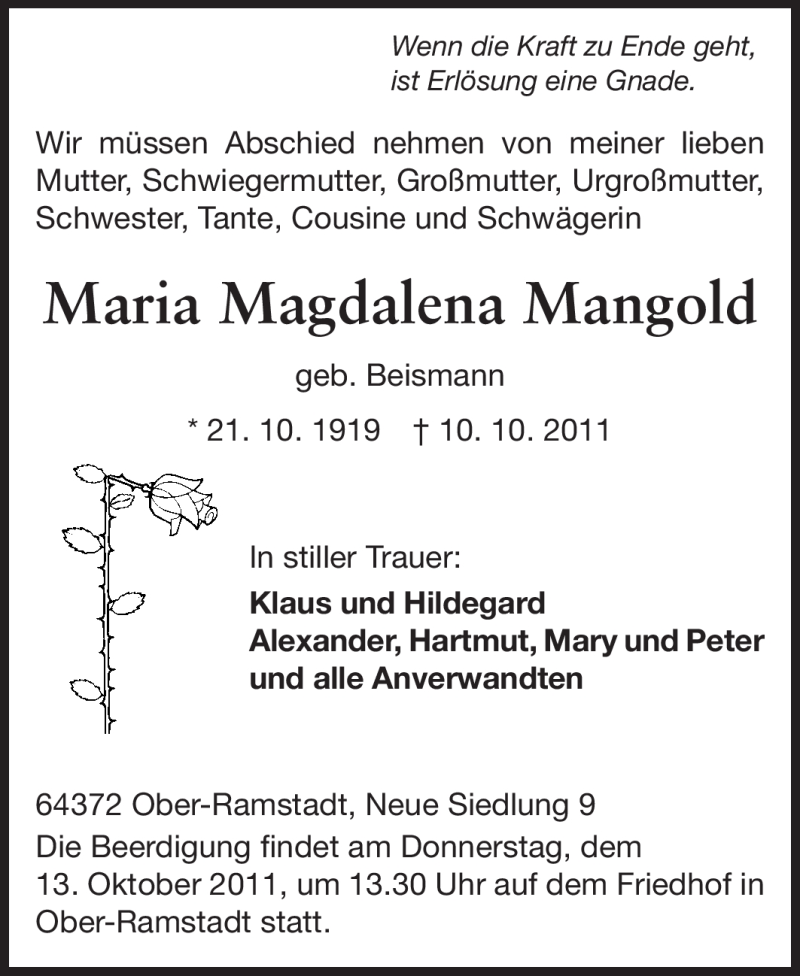  Traueranzeige für Maria Magdalena Mangold vom 12.10.2011 aus Echo-Zeitungen (Gesamtausgabe)
