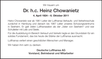 Traueranzeige von Heinz Chowanietz von Echo-Zeitungen (Gesamtausgabe)