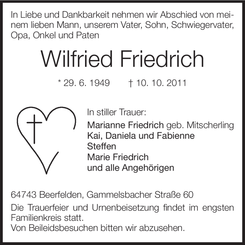  Traueranzeige für Wilfried Friedrich vom 13.10.2011 aus Odenwälder Echo
