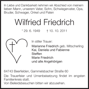 Traueranzeige von Wilfried Friedrich von Odenwälder Echo