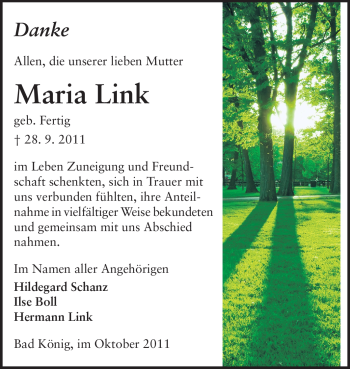 Traueranzeige von Maria Link von Odenwälder Echo