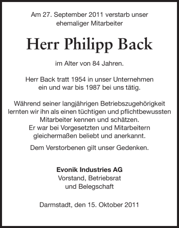 Traueranzeige von Philipp Back von Echo-Zeitungen (Gesamtausgabe)