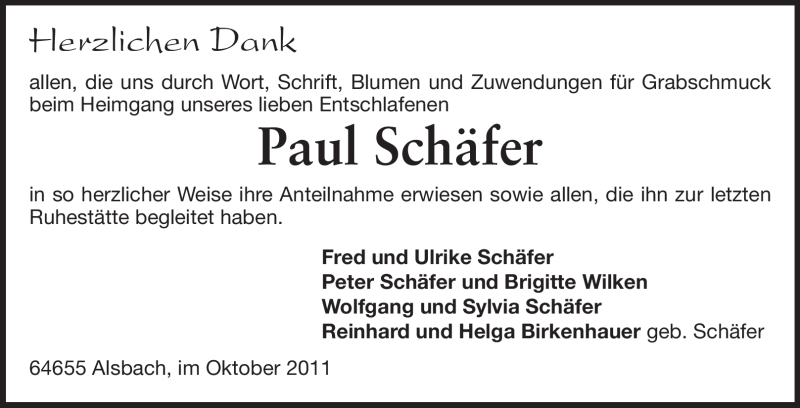  Traueranzeige für Paul Schäfer vom 15.10.2011 aus Echo-Zeitungen (Gesamtausgabe)