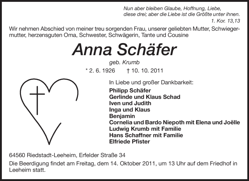  Traueranzeige für Anna Schäfer vom 13.10.2011 aus Rüsselsheimer Echo, Groß-Gerauer-Echo, Ried Echo