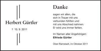 Traueranzeige von Herbert Gürtler von Echo-Zeitungen (Gesamtausgabe)