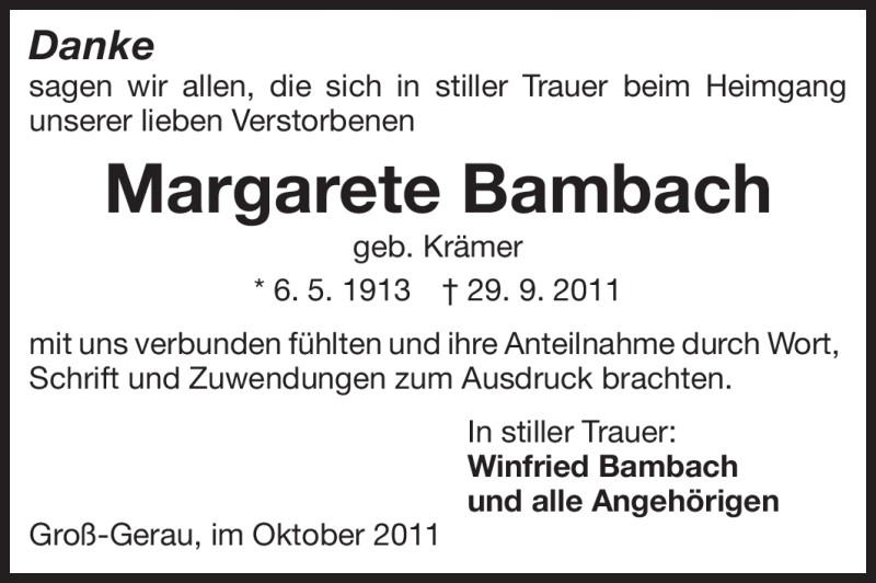  Traueranzeige für Margarete Bambach vom 13.10.2011 aus Rüsselsheimer Echo, Groß-Gerauer-Echo, Ried Echo