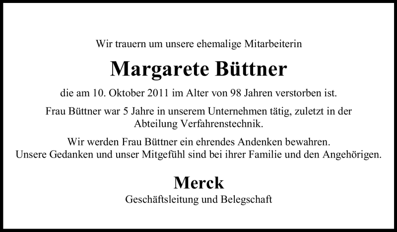  Traueranzeige für Margarete Büttner vom 13.10.2011 aus Echo-Zeitungen (Gesamtausgabe)