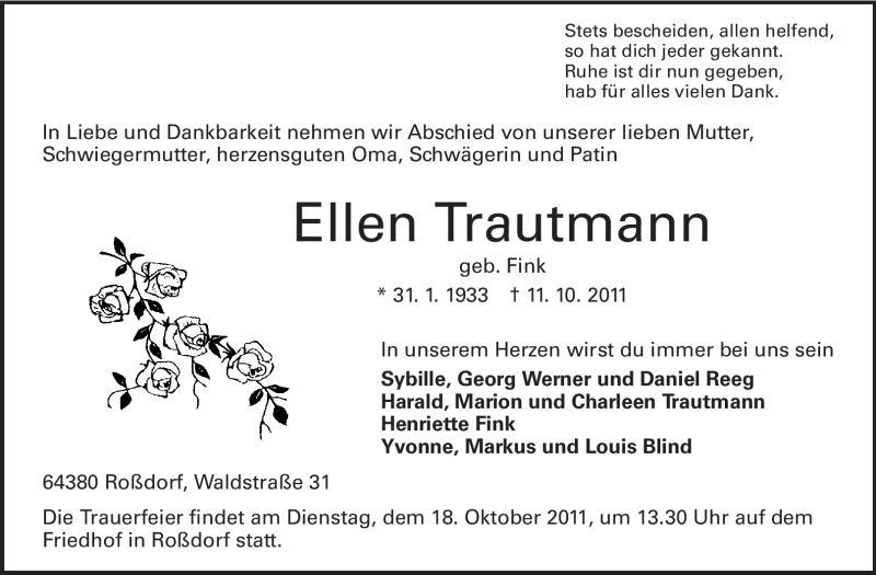  Traueranzeige für Ellen Trautmann vom 15.10.2011 aus Echo-Zeitungen (Gesamtausgabe)