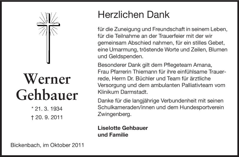  Traueranzeige für Werner Gehbauer vom 15.10.2011 aus Echo-Zeitungen (Gesamtausgabe)