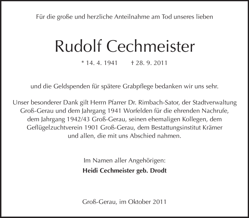  Traueranzeige für Rudolf Cechmeister vom 15.10.2011 aus Rüsselsheimer Echo, Groß-Gerauer-Echo, Ried Echo