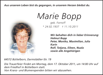 Traueranzeige von Marie Bopp von Rüsselsheimer Echo, Groß-Gerauer-Echo, Ried Echo