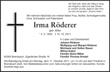 Traueranzeige von Irma Röderer von Echo-Zeitungen (Gesamtausgabe)