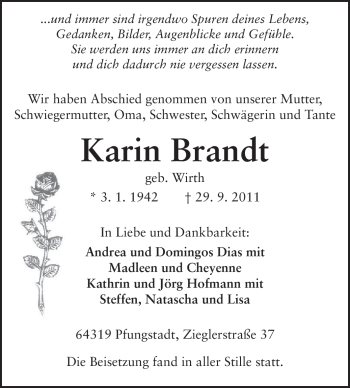 Traueranzeige von Karin Brandt von Echo-Zeitungen (Gesamtausgabe)