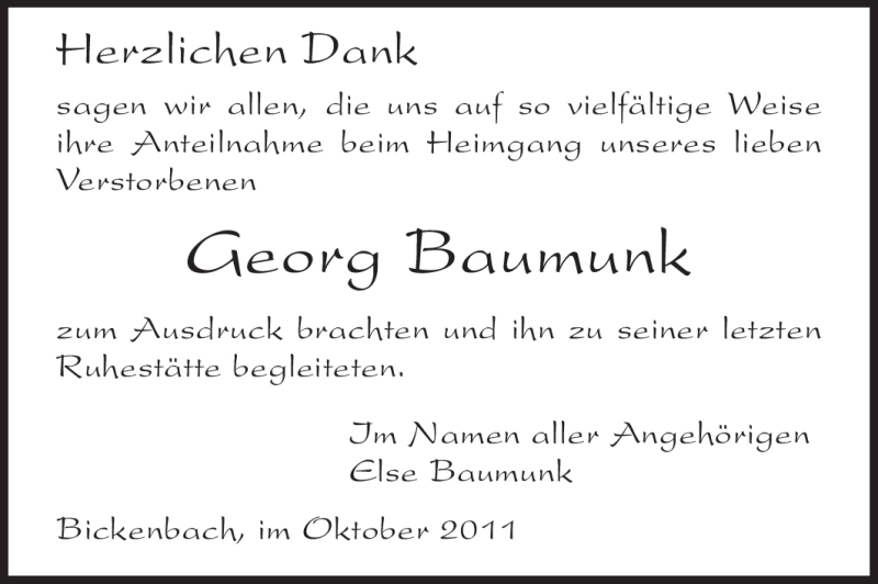  Traueranzeige für Georg Baumunk vom 15.10.2011 aus Echo-Zeitungen (Gesamtausgabe)