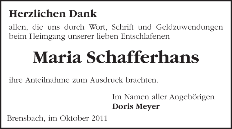  Traueranzeige für Maria Schafferhans vom 15.10.2011 aus Odenwälder Echo